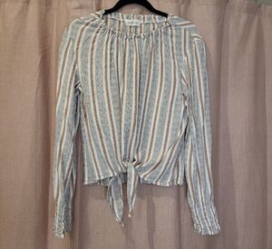 Bella Dahl Beige, White and Gray Striped Tie-Front Long Sleeve Top